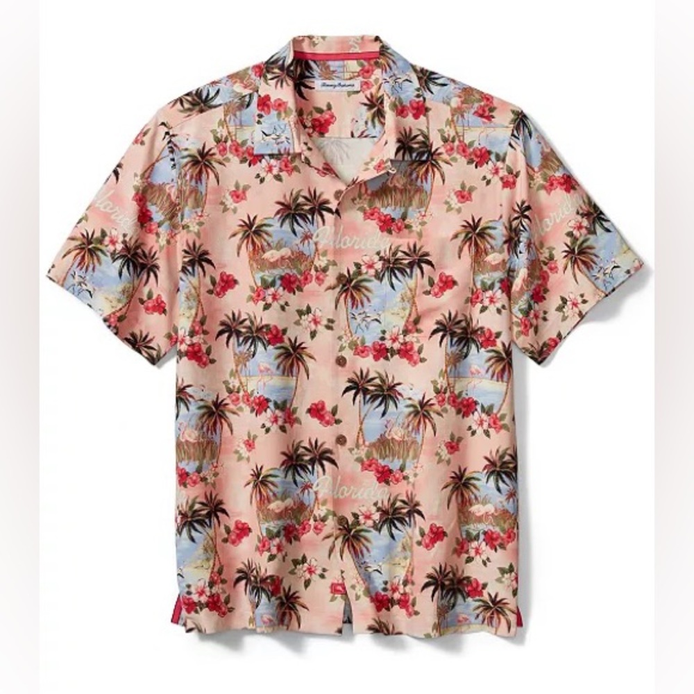 Tommy Bahama Greetings from Florida Silk Camp Hawaiian Shirt Pink Small Womens